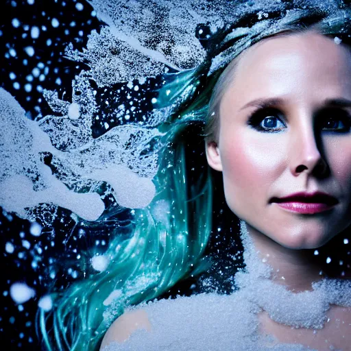 Image similar to Kristen Bell as a mermaid covered in snow, grungy, unkept hair, glowing eyes, winter, modelsociety, radiant skin, huge anime eyes, RTX on, bright on black, dramatic, studio lighting, perfect face, intricate, Sony a7R IV, symmetric balance, polarizing filter, Photolab, Lightroom, 4K, Dolby Vision, Photography Award