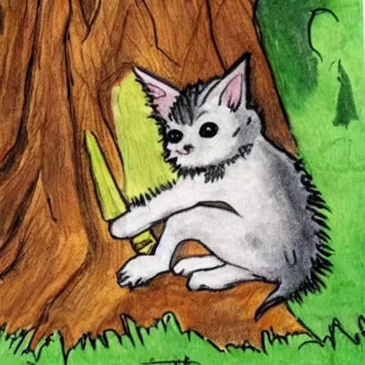 Prompt: a child drawning of a bat kitten sitting in the forest