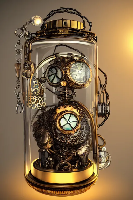Prompt: steampunk owl inside a glass jar, glowing eyes, gears, glowing vacuum tubes pocketwatch hourglass intricate detail, hyper detailed, ultra realistic, sharp focus, octane render, lantern, volumetric, ray tracing, artstation trending, moon, pocketwatch, cgsociety, swirling mist, magical, moon, 4 k