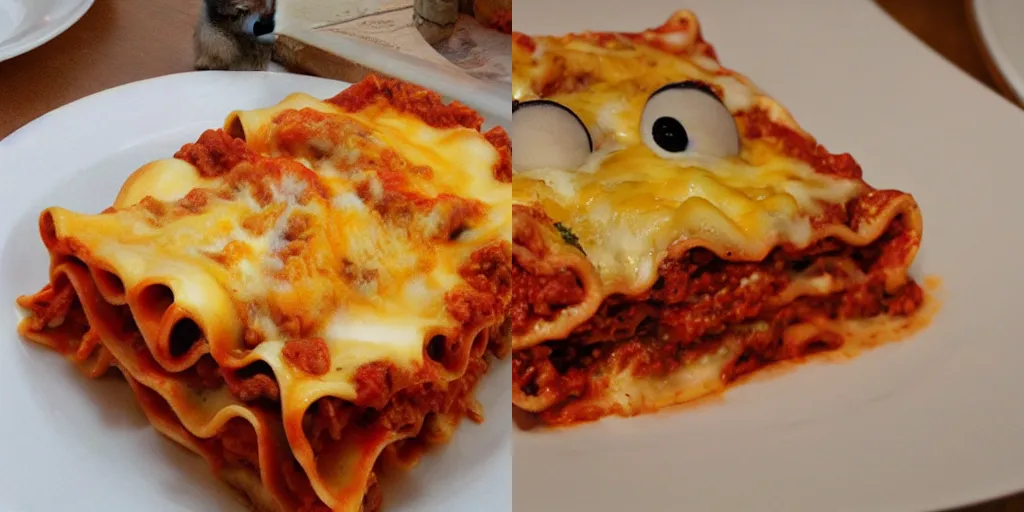 Prompt: garfield eating lasagna and smiling