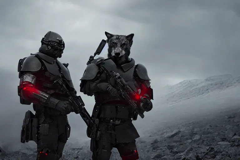 Prompt: reds eyes, all black armor, helghast soldier, kerberos panzer cop hybrid, in a still of illang the wolf brigade ( 2 0 1 8 ) film, vfx, post processed