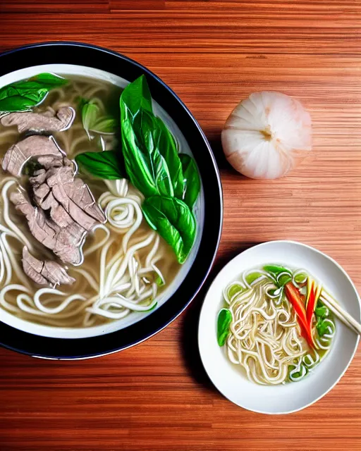 Image similar to realistic photo of delicious pho, ramen, bowl, white kitchen table, ( cloth ), marble, thai basil, highly detailed, by louise lister, sara ali, mary devinat, kailee mandel, masterpiece, award winning, food photography