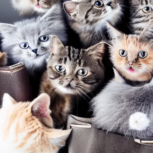 Image similar to lots of furry cats inside a big handbag, gray background, studio lighting, detailed photo, 4 k, 8 k