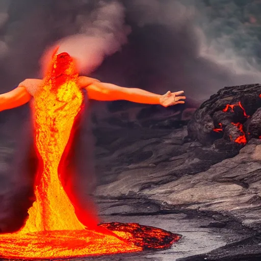 Image similar to man in a swimsuit surfing on flowing lava in a volcano with magma eruptions, steam and smoke from smoldering rocks