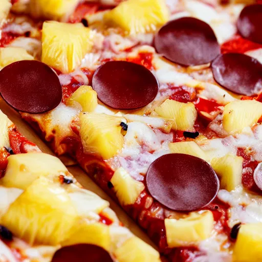 Image similar to pizza with pineapple toppings close up, 4 k, cinematic shot, photorealistic