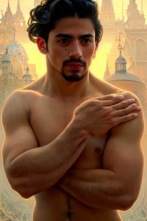 Image similar to clear portrait of a latino attractive men, cottagecore!! background, hyper detailed, character concept, full body, dynamic pose, glowing lights!! intricate, elegant, highly detailed, digital painting, artstation, concept art, smooth, sharp focus, illustration, art by artgerm and greg rutkowski and alphonse mucha