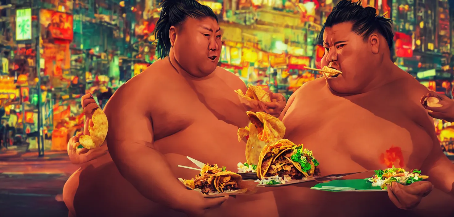 Image similar to sumo wrestler eating crispy tacos with hot sauce, photo realism, bokeh background, neon lights, city background, high definition, slr