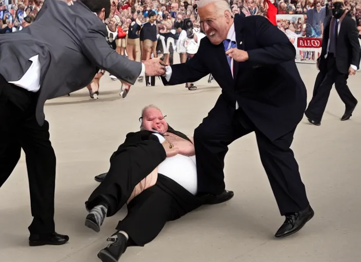 Image similar to Joe Biden kicks a fat man in the face, 8K, high quality, highly detailed