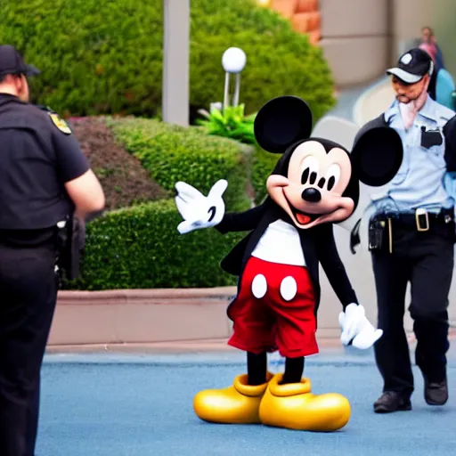 Image similar to cell phone photo of mickey mouse being escorted out of disneyland by security in handcuffs, very realistic