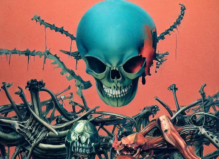 Prompt: attack on titan, whale skeleton by francis bacon, surreal, norman rockwell, greg hildebrandt, vibrant red background, by greg rutkowski, exotic vegetation, tristan eaton, victo ngai, complimentary color, pink and teal and orange and purple, a still from the film alien, beksinski, hyperrealism