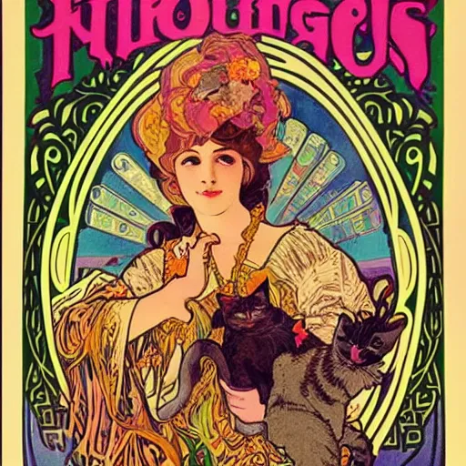 Image similar to vintage poster of Caucasian fortune teller lady with curly hair, a spread of tarot cards on a table, cats on her side, in a colorful tent, Alphonse Mucha,