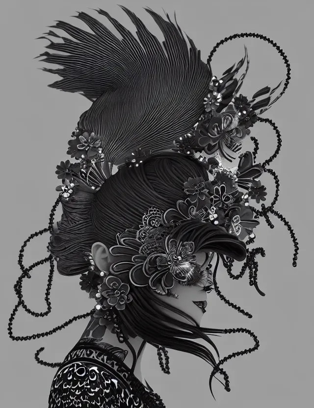 Image similar to 3 d goddess close - up profile simple portrait punk with mohawk with ram skull. beautiful intricately detailed japanese crow kitsune mask and clasical japanese kimono. betta fish, jellyfish phoenix, bio luminescent, plasma, ice, water, wind, creature, artwork by tooth wu and wlop and beeple and greg rutkowski