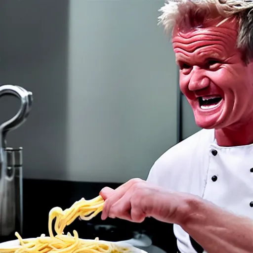 Image similar to < photo hd trending > gordon ramsey literally foaming at the mouth with hunger after seeing a gigantic bowl of spaghetti < / photo >