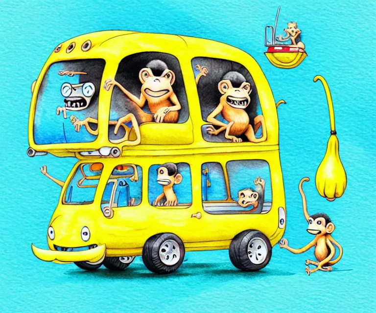 Image similar to cute and funny, monkey riding in a tiny banana boat bus, ratfink style by ed roth, centered award winning watercolor pen illustration, isometric illustration by chihiro iwasaki, edited by craola, tiny details by artgerm and watercolor girl, symmetrically isometrically centered