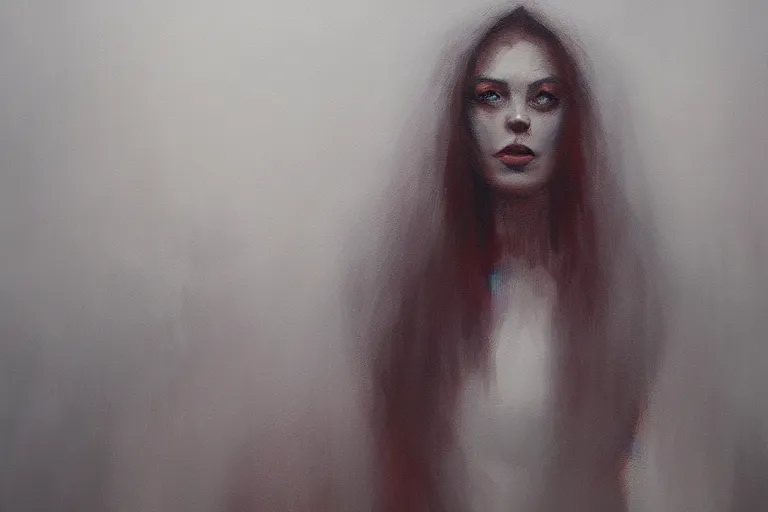 Image similar to a painting of a possessed woman in a foggy room by jama jurabaev, cinematic shot, trending on artstation, high quality, ultra realistic