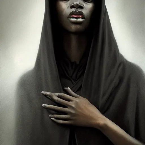 Image similar to a portrait of a young black woman wearing a long dark cloak, hood and shadows covering face, anatomically correct, beautiful perfect face, enigmatic, oil painting, matte painting, black background, Volumetric dynamic lighting, Highly Detailed, Cinematic Lighting, Unreal Engine, 8k, HD, by Beksinski