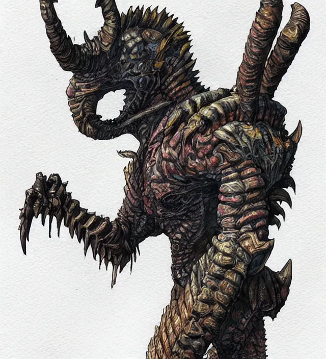 Image similar to a 3 / 4 view watercolor ink painting of a humanoid demonic glowing deathclaw dressed as a raider in the style of jean giraud in the style of moebius trending on artstation deviantart pinterest detailed realistic hd 8 k high resolution