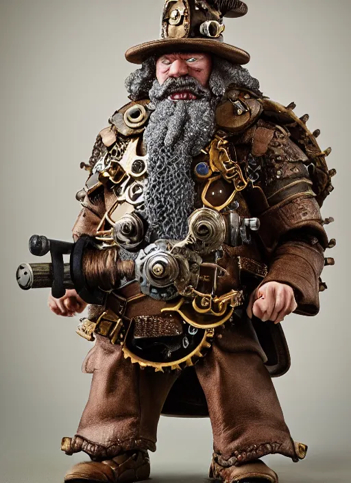 Image similar to 8 5 mm f 1. 8 photograph of a claymation steampunk warrior dwarf, highly detailed diorama, by erwin olaf, smooth, sharp foccus, commercial photography, fashion shoot