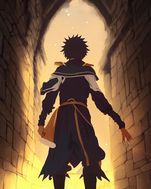 Image similar to key anime visual portrait of a young male warlock walking through a medieval village, dynamic pose, dynamic perspective, detailed silhouette, film grain, face by yoh yoshinari, detailed, intricate