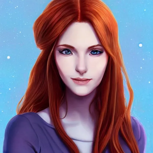 Image similar to a portrait of a young woman with auburn hair, smart, rich, traveling clothes, artist, artistic, shallan davar, blue eyes, beautiful, smiling, thick hair, dnd, rpg, shy, quick witted, artgerm style