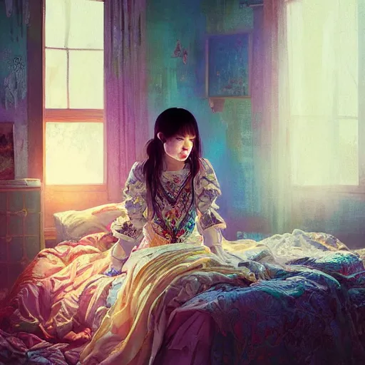 Prompt: beautiful young girl in intricate clothing by ross tran, sleeping in a messy bedroom designed by joanna gaines, at sunset, painted by sana takeda, reflections, very high intricate details, painting by liu xiaodong, digital anime art, medium shot, mid - shot, composition by ilya kuvshinov, lighting by greg rutkowski