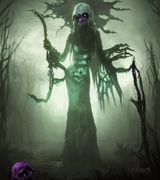 Image similar to gothic necrolord female with zombie servents, digital painting, liminal eerie midnight backlit, a picture taken by Michael Komarck and Daniel Ljunggren