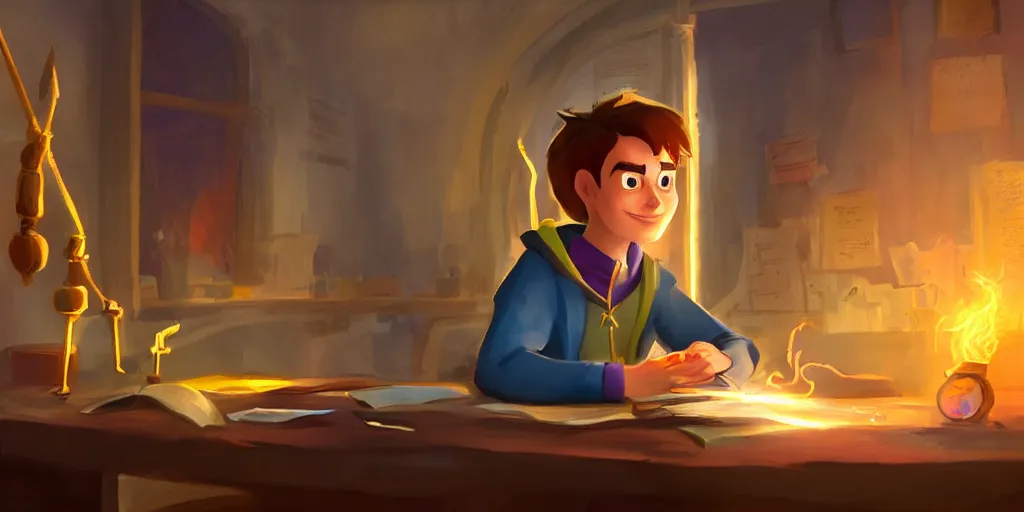 Image similar to a young male mage they are in a alchemy workshop working at there desk. colorful, light rays, medium shot, waist up, sharp, bloom, dramatic lighting, by pixar, dreamworks and marvel