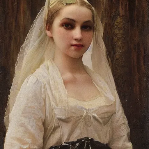 Image similar to maid!!! cosplay, symmetric beautiful face, orientalism portrait of a cute young woman with twin tails by Edwin Longsden Long and Theodore Ralli and Nasreddine Dinet and Adam Styk masterful intricate artwork