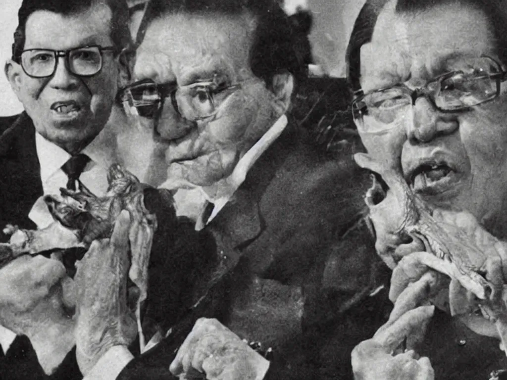 Prompt: Juan Ponce Enrile eating a dinosaur