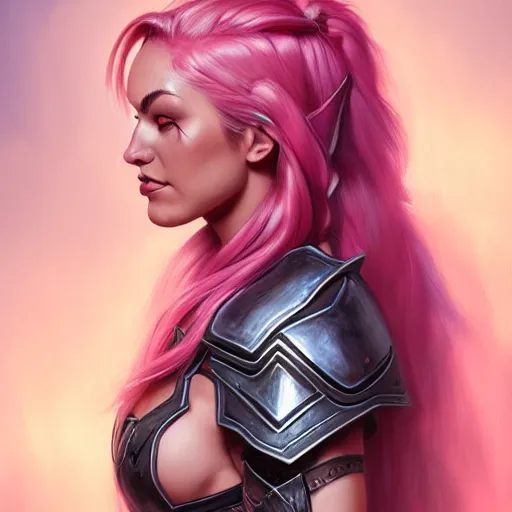 Prompt: a portrait of a very beautiful woman hunter in armor warcraft style armor. pink hair, bored, illustration, soft lighting, soft details, painting oil on canvas by mark arian by artgerm, trending on artstation, 4k, 8k, HD