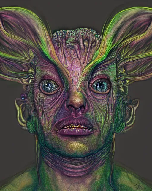 Image similar to realistic portrait of a creature experiment gone wrong, psychedelic, dark art, facing camera, photo realistic, detailed, 1 4 5 0, delicate, hyper realism, ultra realistic, 8 k