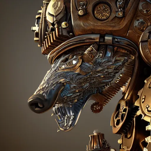 Image similar to A steampunk ornate wolf made of engraved full plate armor and gears, Macro shot by Justin Gerard, unreal engine, physically based rendering