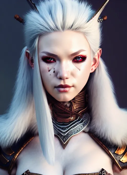 Image similar to barbarian, fur leather armor!!! beautiful and elegant white hair female!! gorgeous ayes!! character concept art, sharp focus, octane render! unreal engine 5! highly rendered!! trending on artstation!! detailed linework!! illustration by artgerm, wlop, and chie yoshii