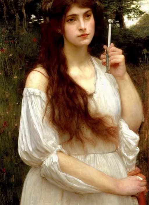Image similar to an beautiful nurse in a white dress and short sleeves with red long wet flowing hair and shiny wet skin, by John Everett Millais and Dante Gabriel Rossetti and John Collier and john william waterhouse, pre-raphaelite, detailed, trending on artstation, hd, masterpiece