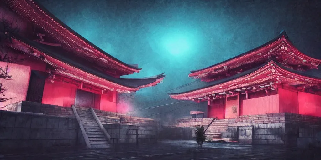 Image similar to “an ancient Japanese temple, shrouded in a cyberpunk city, during a rainy night, 4k, cinematic, pink and aqua neon lights, dark, hyperrealistic, trending of art station”