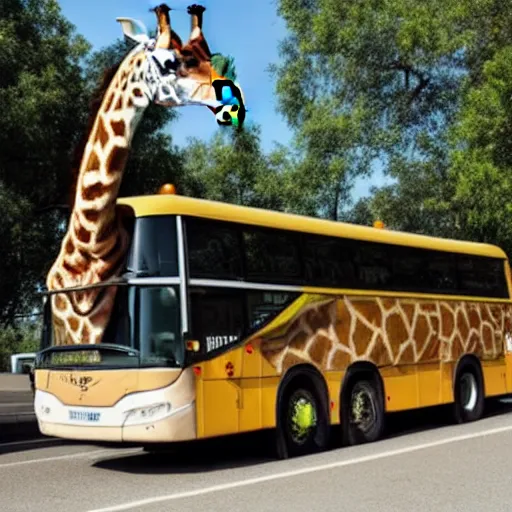 Image similar to giraffe driving a bus