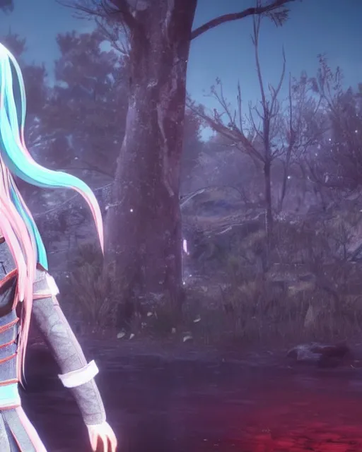 Image similar to Hatsune Miku in the role of Witcher III Gerald of Rivia, amazing short, 8K, IMAX, ultra detailed