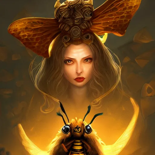 Image similar to Anthropomorphized queen bee, D&D, fantasy, cinematic lighting, highly detailed, digital painting, artstation, concept art, smooth, sharp focus, illustration, warm light, cozy warm tint, magic the gathering artwork, volumetric lighting, 8k, no gold, no gold colours, art by Akihiko Yoshida, Greg Rutkowski