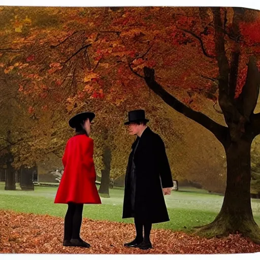 Prompt: a thin man in a black coat and bowler hat talks with small young girl who is dressed in a red coat and a red hat, park, autumn, 1923, wide angle, high detail, in style of Berthe Morisot, 8k, width 768