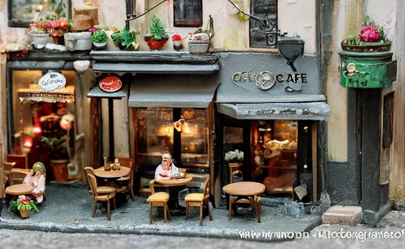 Prompt: miniature cafe diorama macro photography, cafe for mice, alleyway, ambient, atmospheric photograph, romantic