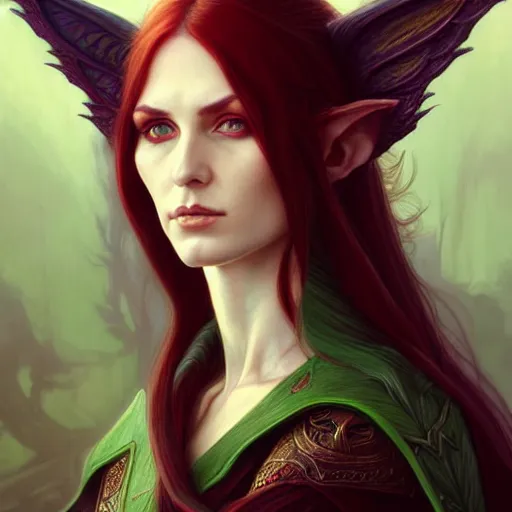 Image similar to Portrait of serious female elven priest, D&D, green eyes, face, long red hair, demon wings, fantasy, intricate, elegant, highly detailed, digital painting, artstation, concept art, smooth, sharp focus, illustration, art by artgerm and greg rutkowski and alphonse mucha