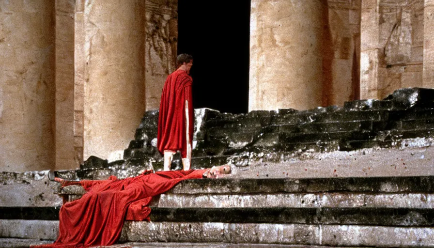 Prompt: 1 9 6 0 s movie still close - up of caligula lay dead on the ancient amphitheater's stairs on a blood flaque, cinestill 8 0 0 t 3 5 mm, high quality, heavy grain, high detail, dramatic light, anamorphic, blood