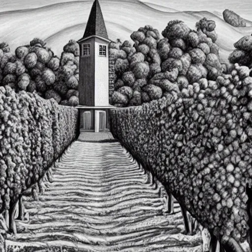 Image similar to Hyperrealism traditional austian church in a vineyard, painting by MC Escher