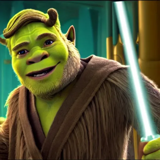 Image similar to movie frame from star wars of shrek as obi wan kenobi from the hello there scene, hd, 8 k, bluray