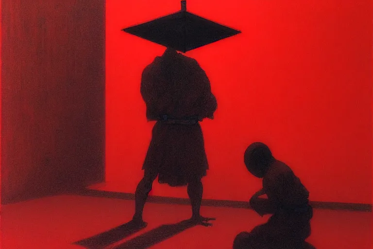 Image similar to only with red, a red samurai do seppuku, tokio, a lot of frogs watch, in the style of beksinski, parts by edward hopper, parts by rodcenko, parts by yue minjun, intricate and epic composition, red by caravaggio, insanely quality, highly detailed, masterpiece, red light, artstation, 4 k