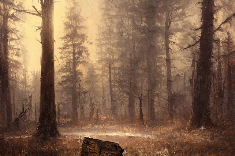 Image similar to matte painting of a dead stump of a tree at a rural crossroad, by jeremy mann and greg rutkowski, intricate cinematic light, oil on canvas