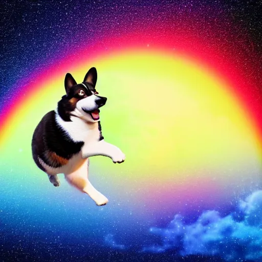 Prompt: a black and white corgi jumping over a sunset moon with a rainbow galaxy background detailed render 8 k