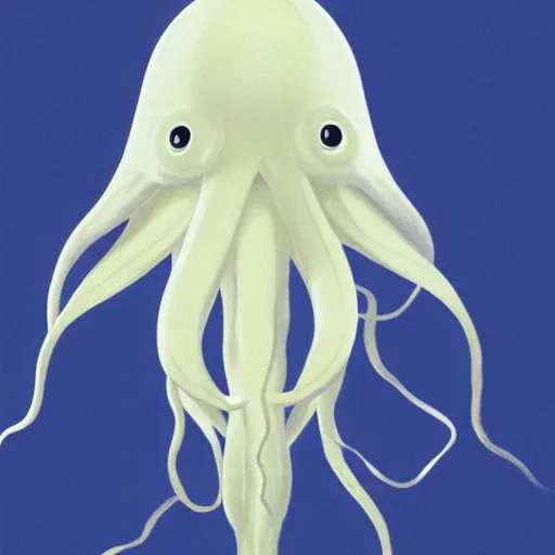Prompt: a giant, plain white squid, with big tentacles and a triangle - shaped head