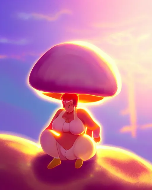 Image similar to concept art for a cute thicc humanoid mushroom creature, anime style, golden hour, lens flare, pastel pink glow, sitting on the beach | | epic - fine - clean, polished, trending on artstation, brush strokes