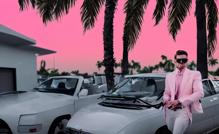 Prompt: photorealistic closeup on a yuppie with white suits and aviations glasses talking in a motorola 8 0 0 0 x. 8 0's style. palm trees and pink sky in the background.